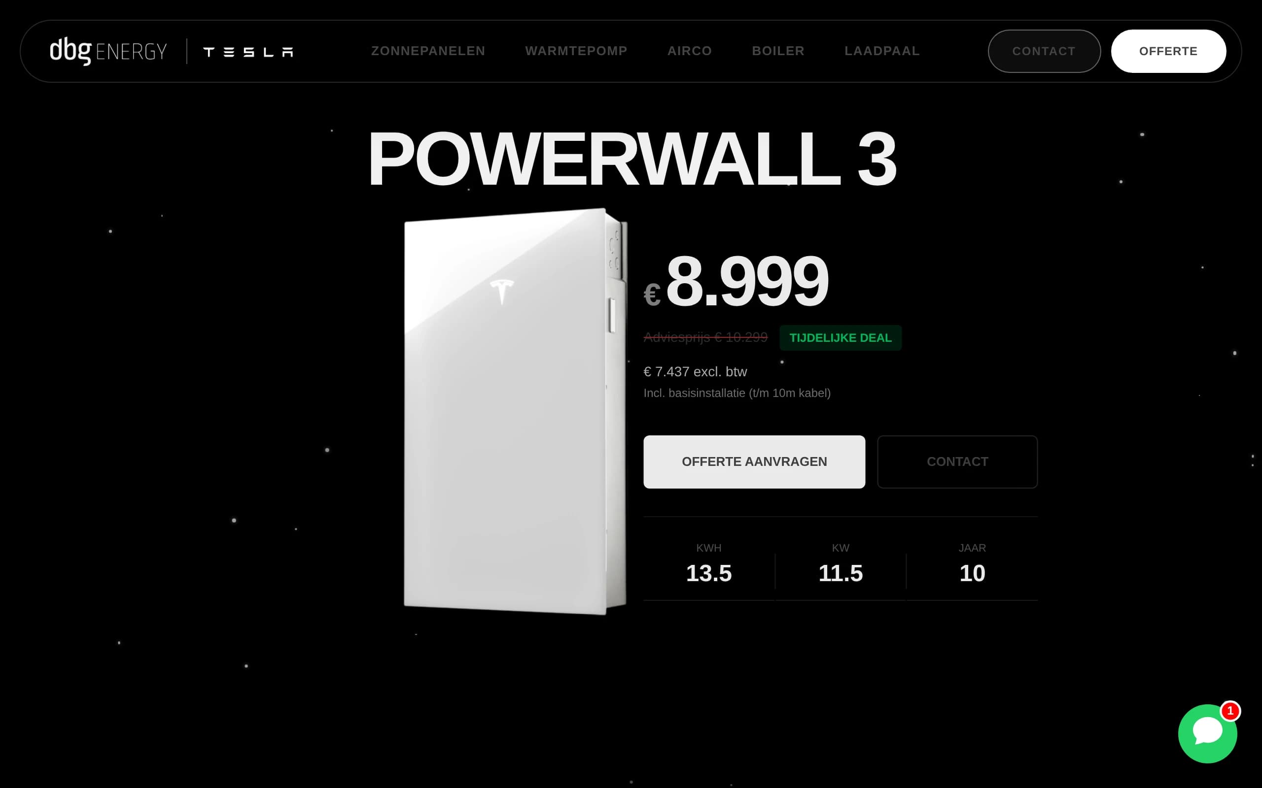 Het prijsblok van de Powerwall 3-pagina, bekeken op een desktop