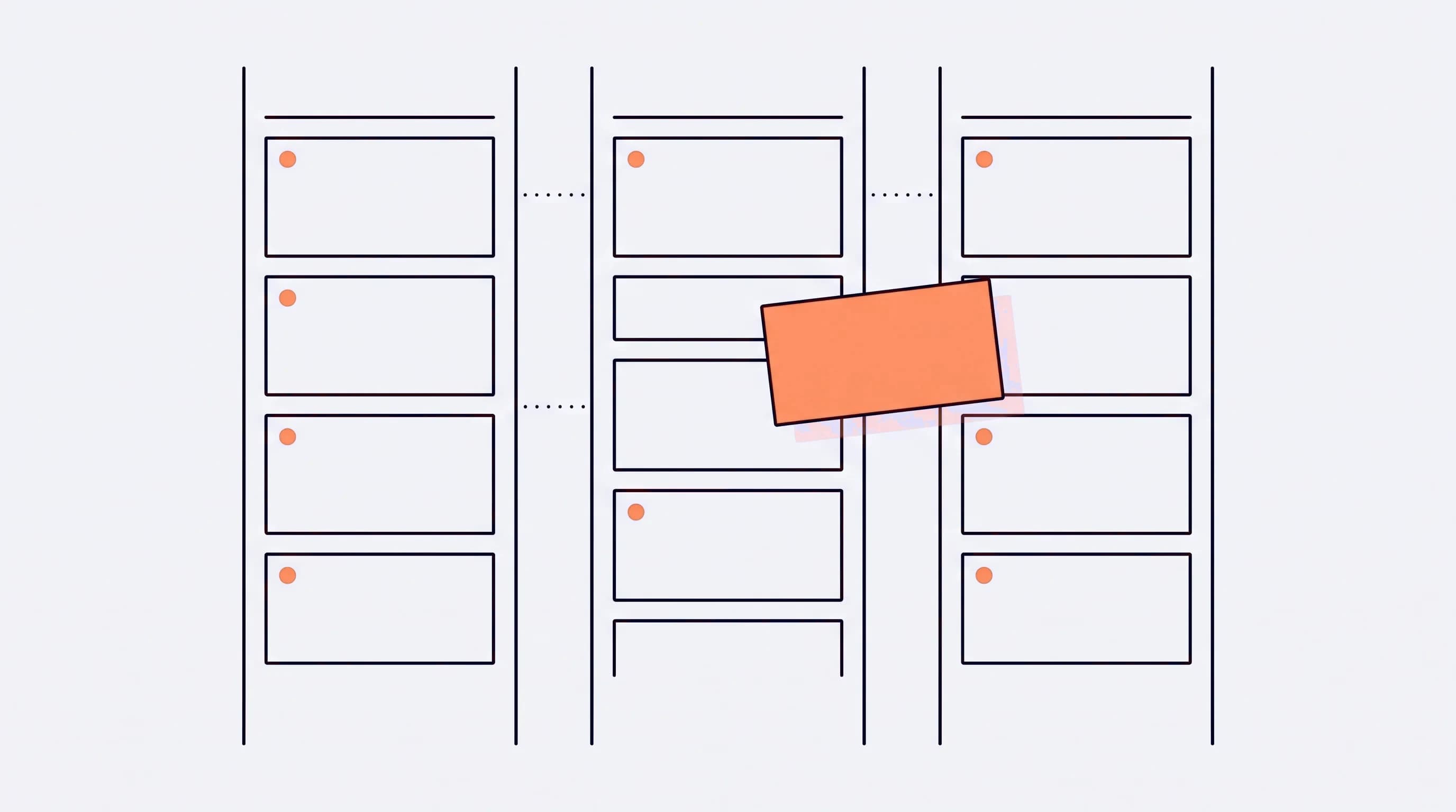 Abstracte weergave van de taakbeheer-tool: kanban-kolommen met taakkaarten